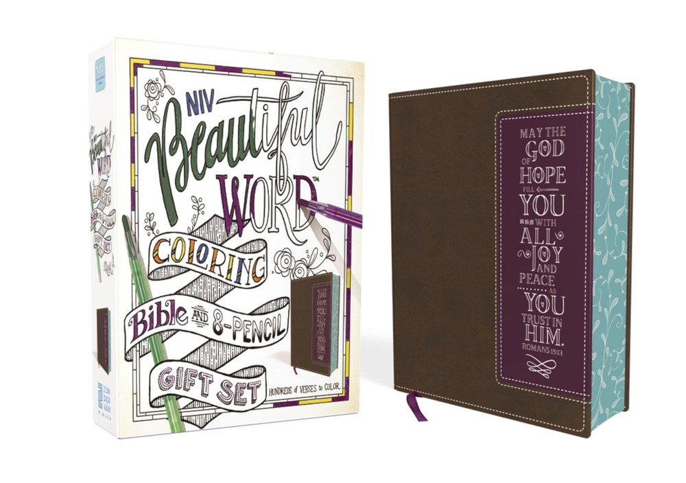 NIV, Beautiful Word Coloring Bible and 8-Pencil Gift Set, Leathersoft, Brown/Pu,