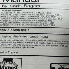 HAYNES Owners Workshop Manual YAMAHA XV750, XV920 & TR1 V-TWINS 1981 THRU 1982