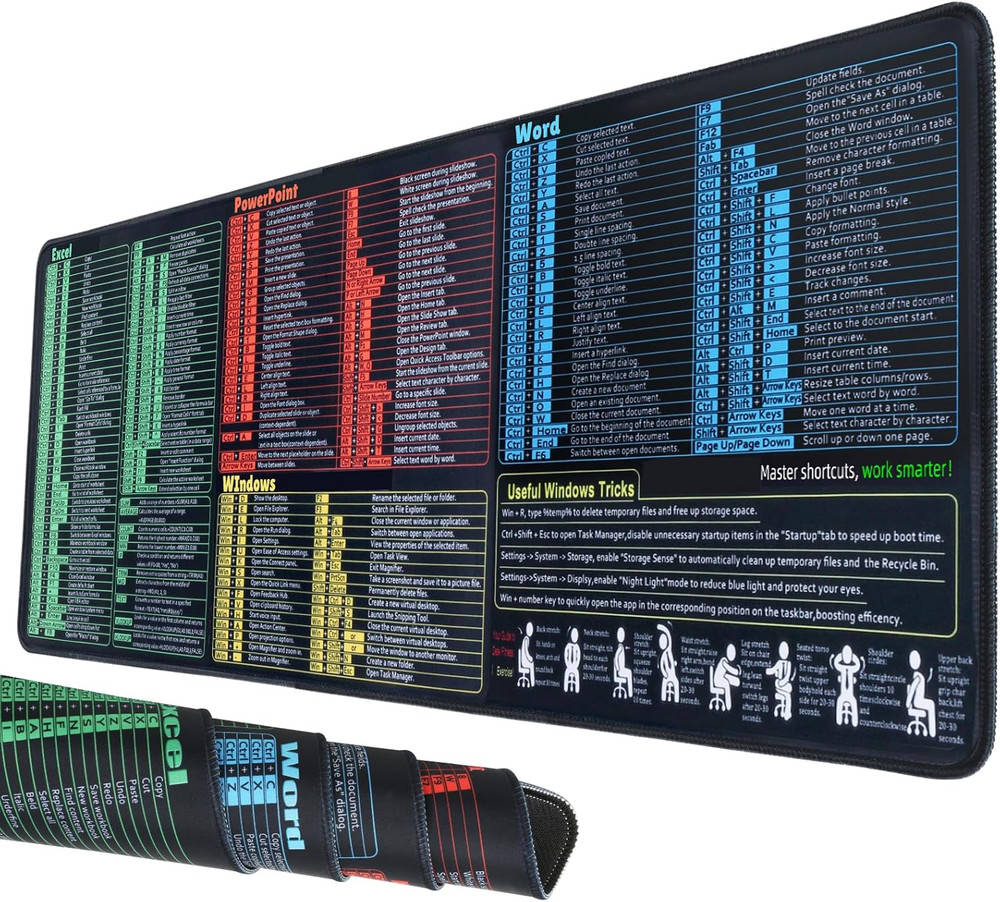 Windows, Word, Excel & Powerpoint Cheat Sheet Desk Pad, Large Mouse Pad, Keyboar
