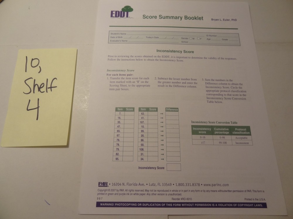 PAR EDDT Score Summary Booklet as Shown