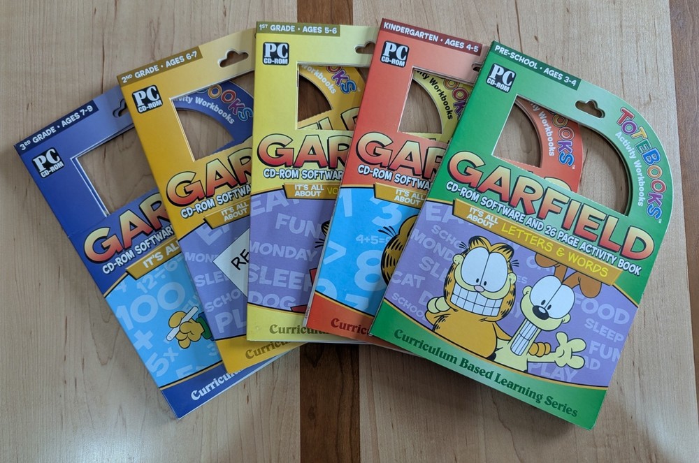 Vintage Garfield PC CD-ROM TOTEBOOKS Math~Spelling~Vocab~Phonics Disc Software