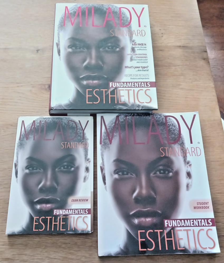 MILADY STANDARD ESTHETICS FUNDAMENTALS + WORKBOOK + EXAM REVIEW SET EXCELLENT!!!