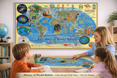 HISTORY OF WORLD BELIEFS Comparative Religions Art Work Map Educational 24x 36